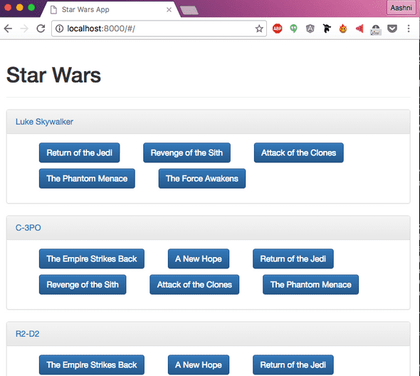 AngularJS Tutorial Final Website Displaying Star Wars Data Home Page
